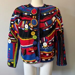 Michael Simon Vintage Knit Cardigan Abstract Art Sweater Bold Color Boho 80-90’
